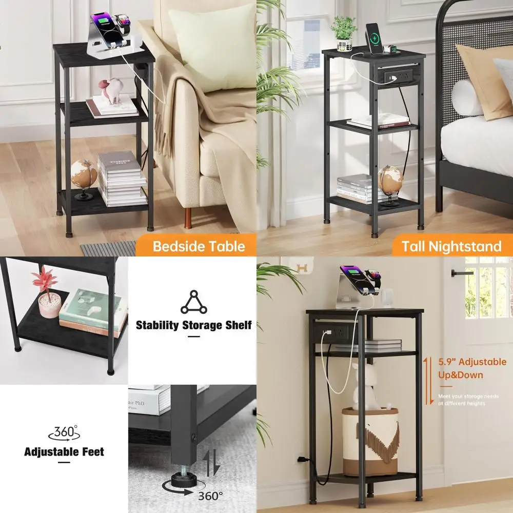 

3-Tier Tall End Table with Charging Station, USB & Outlets, Suitable for Bedroom, Living Room, Office, Black