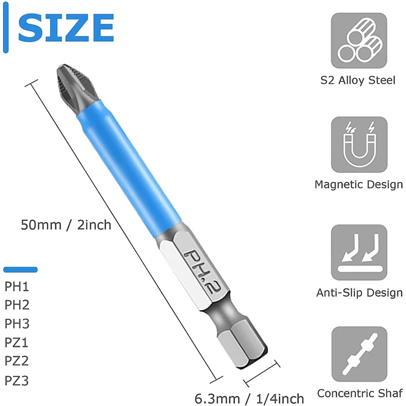 미끄럼 방지 스크루드라이버 비트 마그네틱 싱글 헤드 PH1 PZ1 PH2 PZ2 PH3 PZ3 S2 스틸 전기 공구 필립스 비트 육각 섕크, 50mm, 10 개