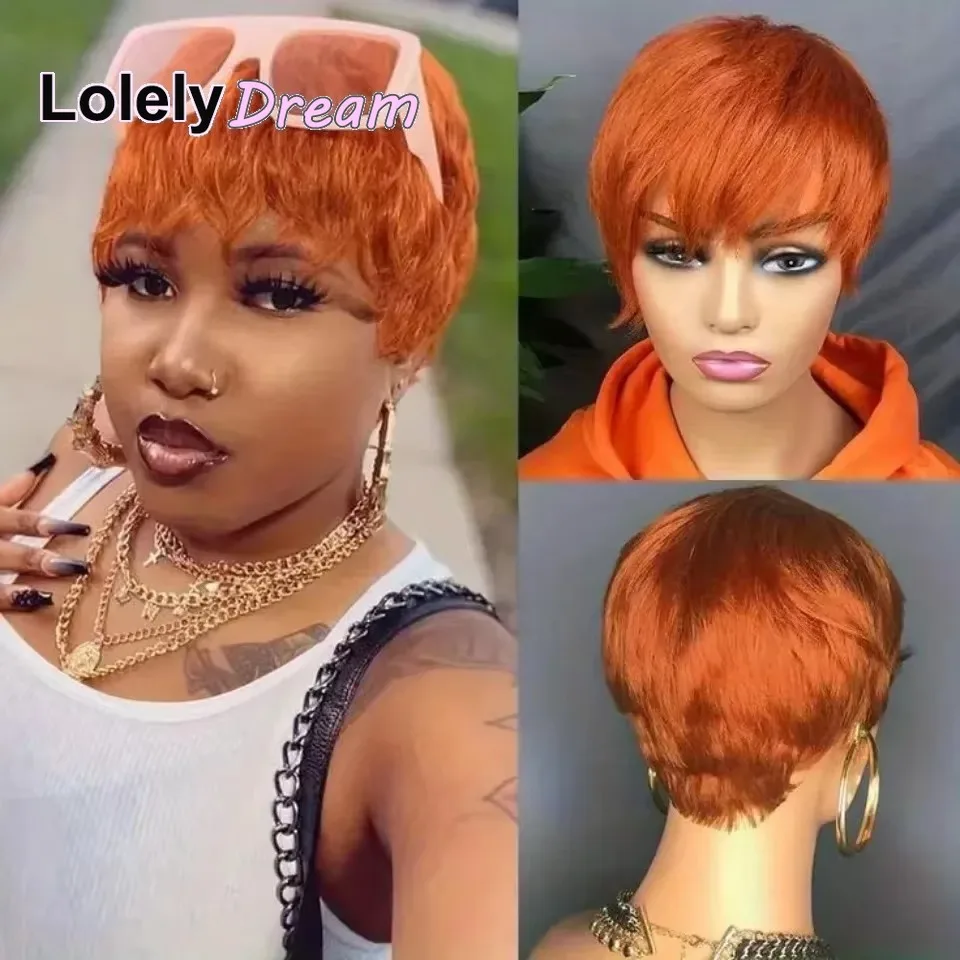 Lolely Dream Machine Made Women Short Orange Ginger 100%  Human Hair Wig with Bangs Remy Straight Wig Layered Pixie Cut Bob Wig image 6