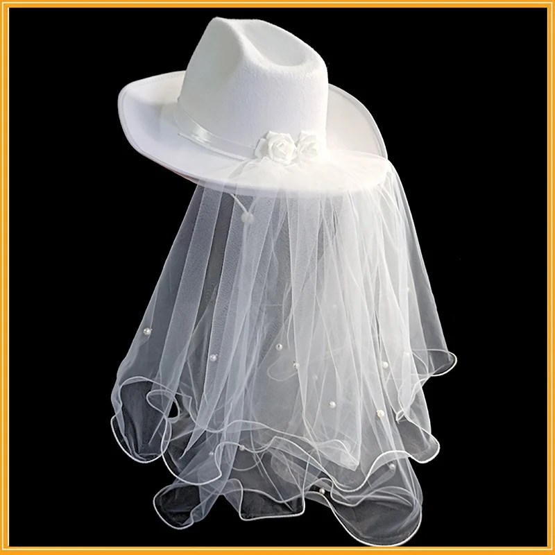 New White Bride Cowgirl Hat with Pearl Decor Veil Shinning Bride Wedding Decor