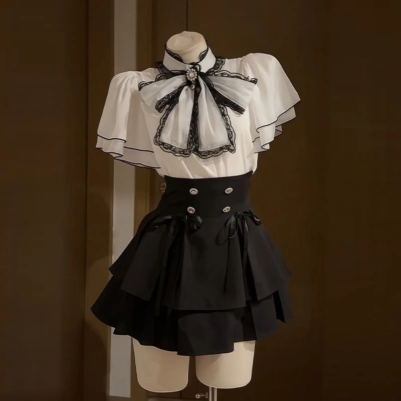 

Clear flared sleeves chiffon sweet bow temperament top shirt + short skirt two-piece set womans clothes for 2025