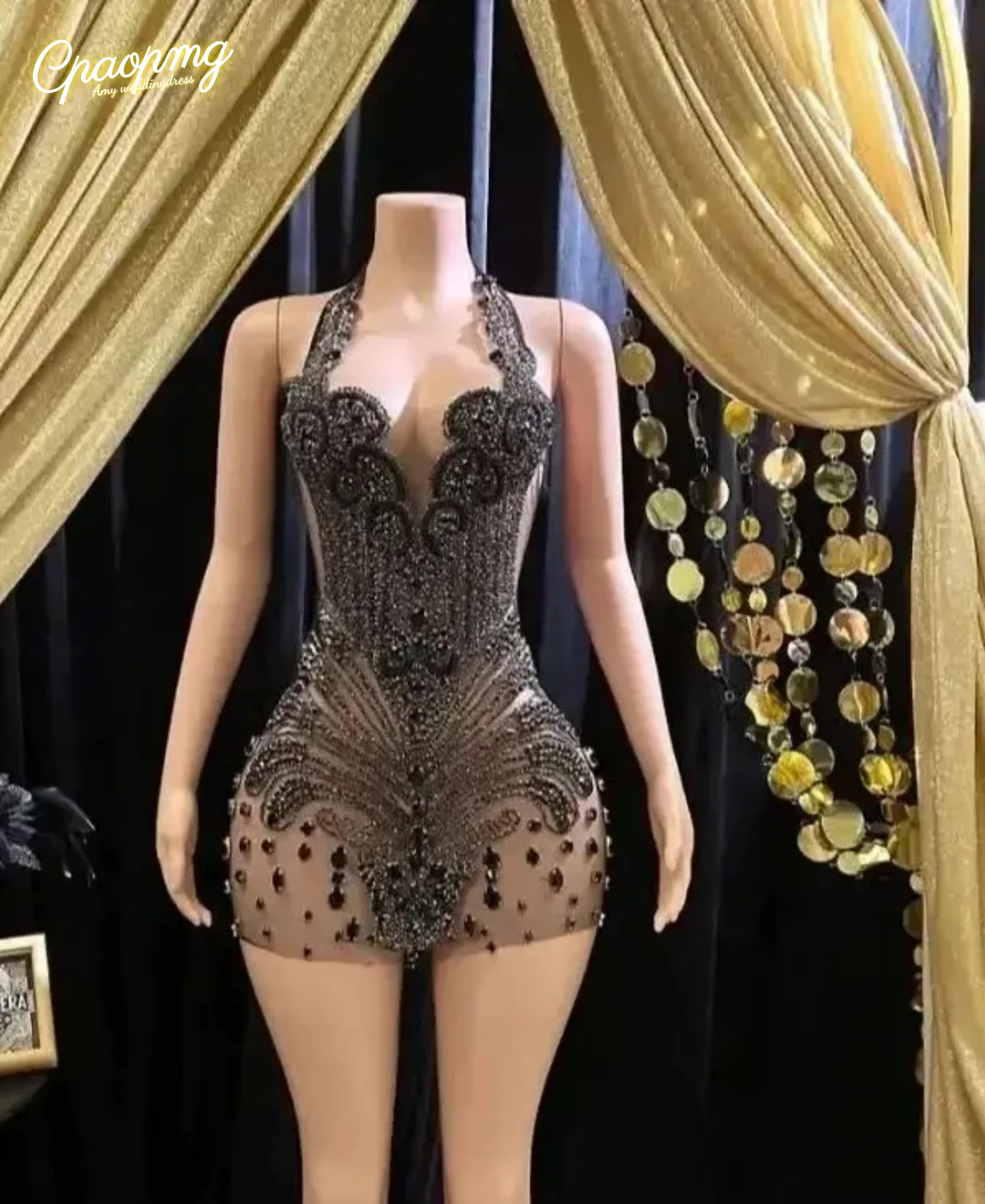 Customized Sexy Sparkly Diamonds Short Golden Prom Dress Halter Glitter Crystals Beads Graduation Birthday Party Cocktail Dress