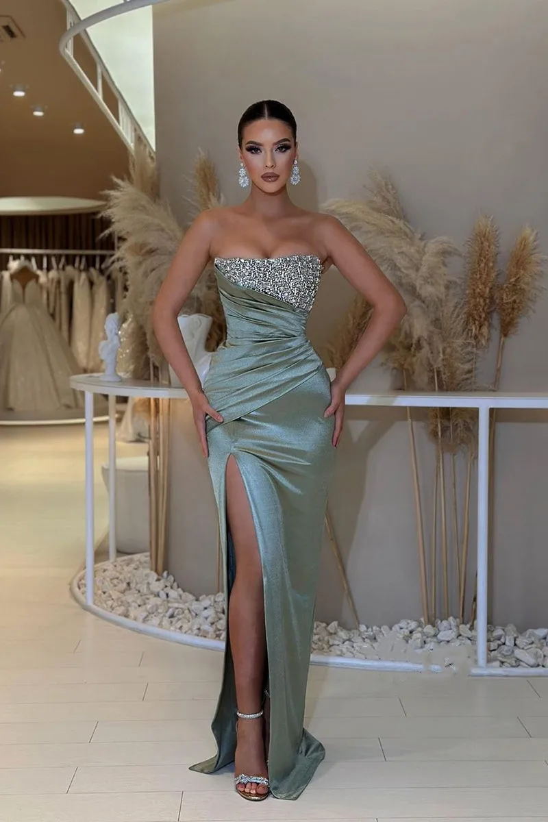 Beaded Prom Dresses Strapless High Slit Removable Skirt Mermaid Green Formal Party Women Pleats Elastic Satin Long Evening Gowns