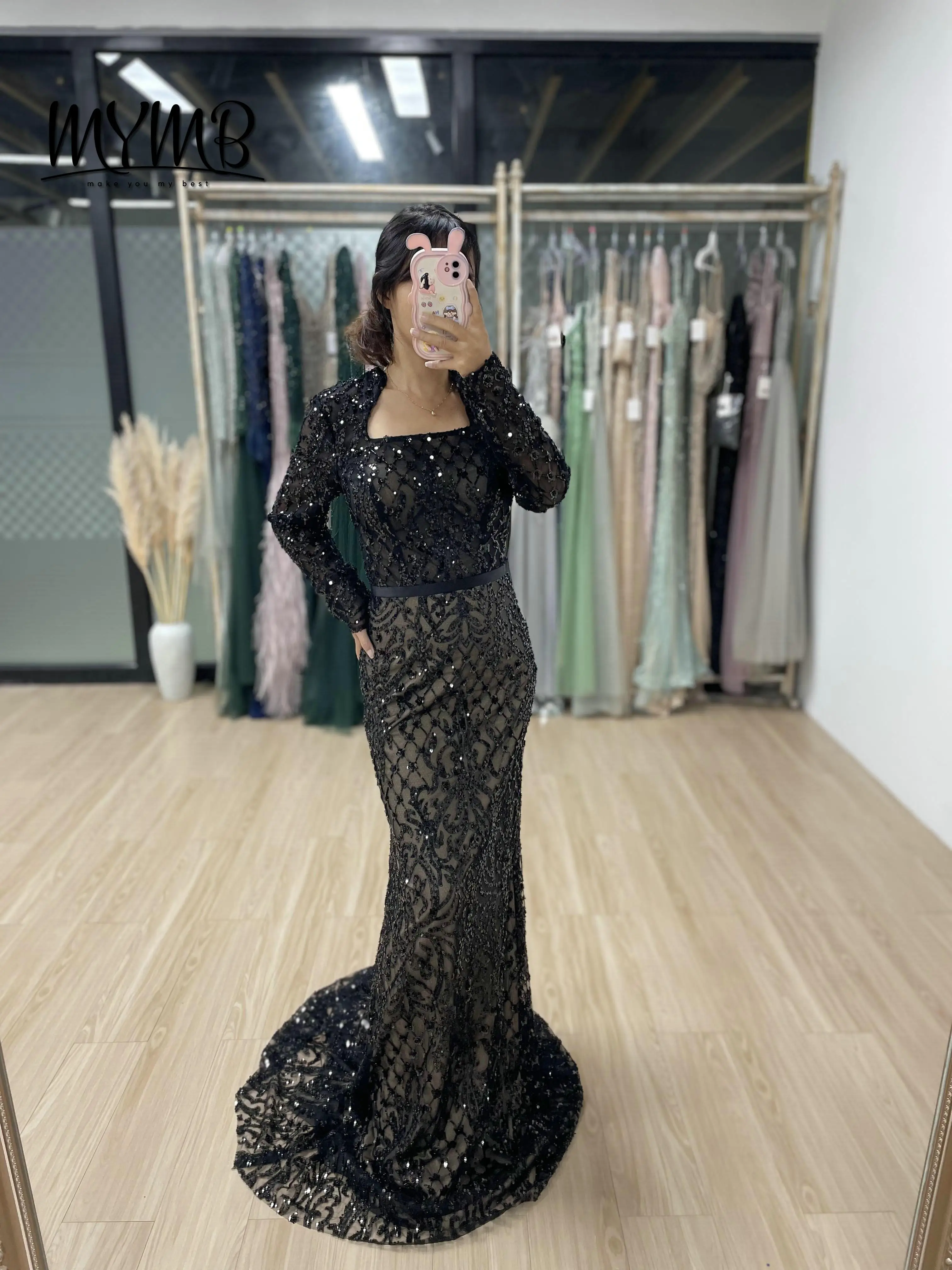 

MYMB Hot Sell Dubai Beaded Mermaid Evening Dresses Women Luxury Square Neck MuslimLong Sleeve Dresses for Elegant Women MY30079