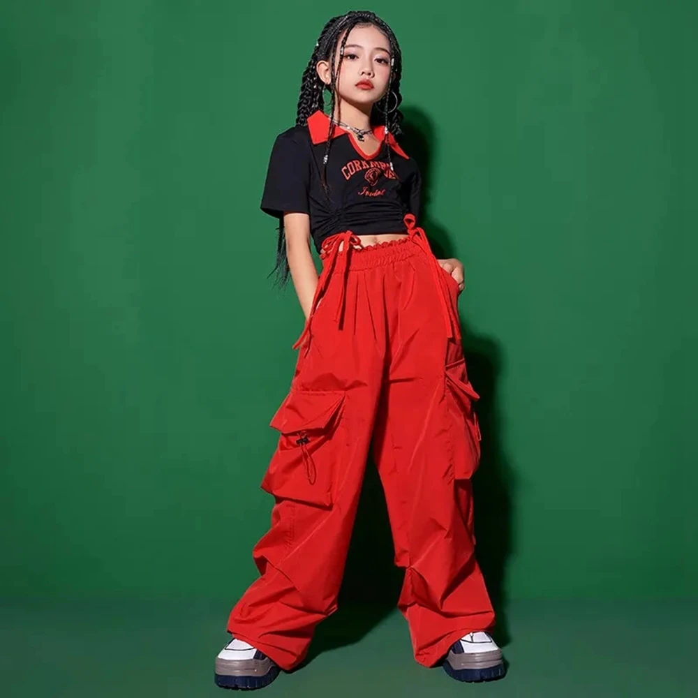 Girls Hip Hop Crop Tank Top Cargo Pants Clothes Sets Kids T-shirt Street Dance Joggers Child Polo Shirt Sweet Streetwear Costume