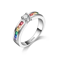 Rainbow Promise Beautiful Engagement Rings For Lover 925 Silver Needle Elegant Jewelry High Quality Austrain Rhinestone