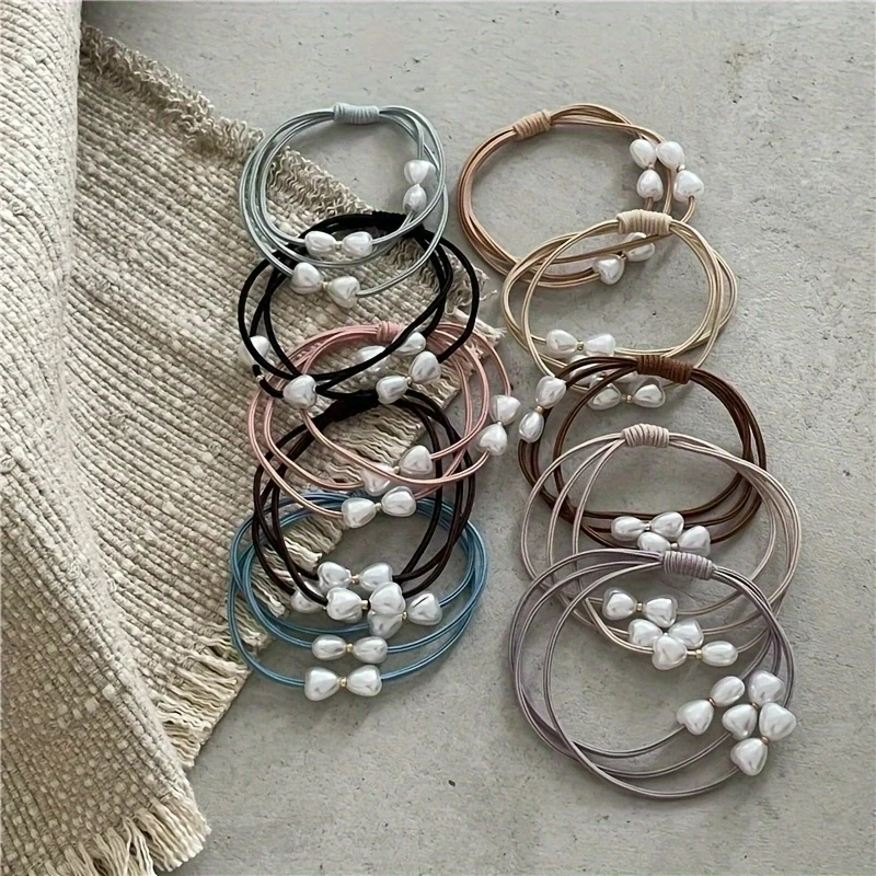 5pcs/set Pearl Hair Ties Heart Bow Beaded Rubber Bands Basic Elastic Hair Band Ponytail Holder Women Hair Accessories