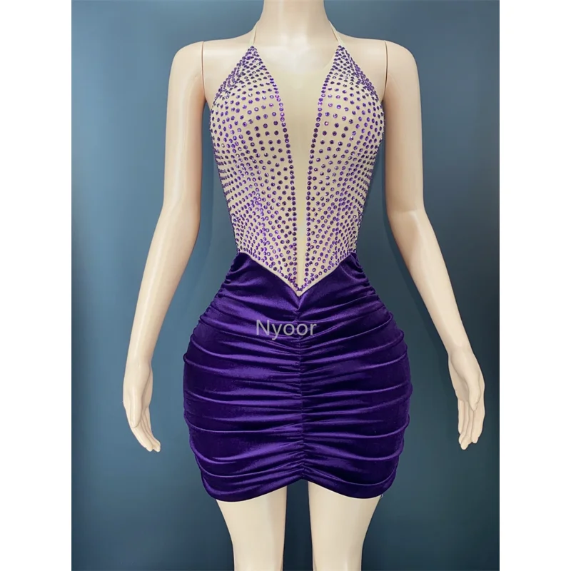 

Purple Sparkly Crystals Dress DJ Jazz Dance Bling Rhinestones Costume Stage Performance Nightclub Show Outfit Wear New