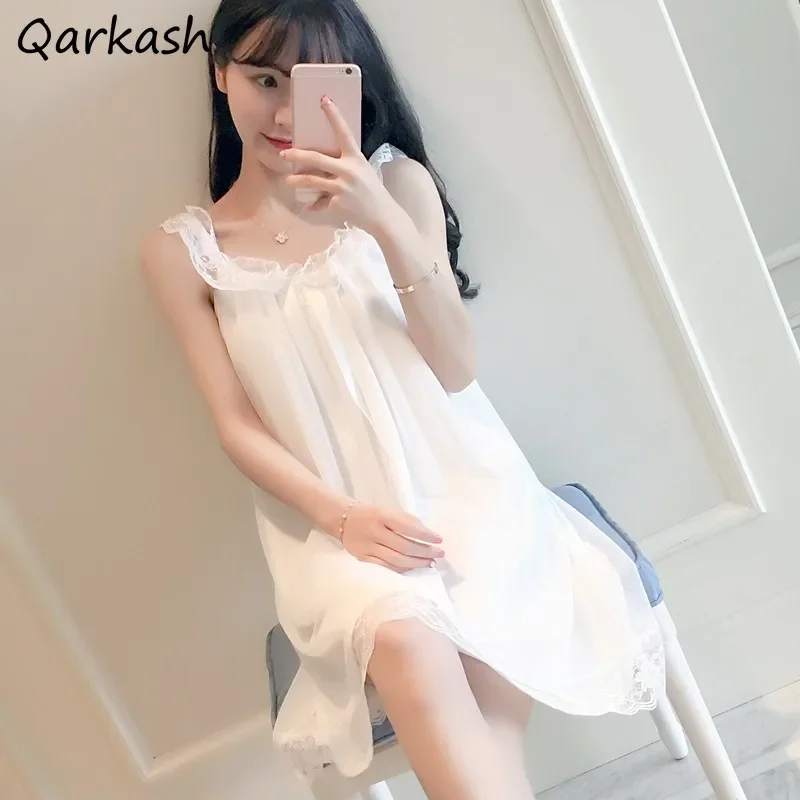

Ночные рубашки женские Kawaii для девочек летние кружевные сексуальные шикарные Ins популярные свободные без рукавов базовые повседневные простые эстетичные романтические ночные рубашки