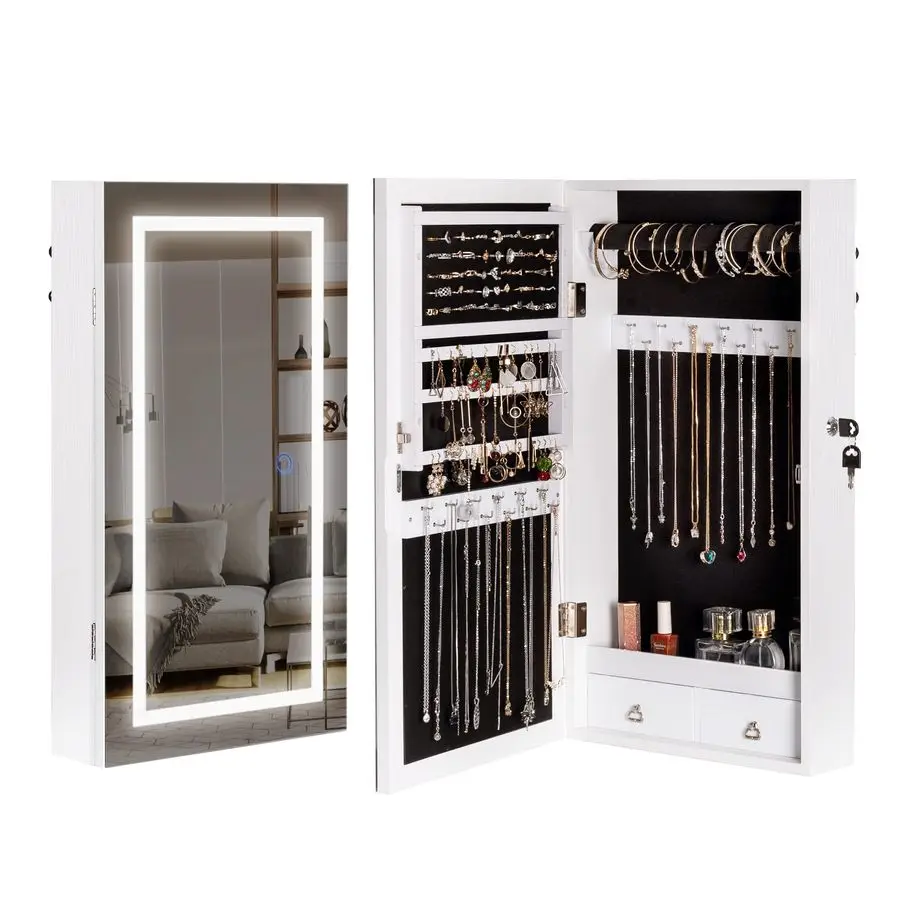 

Jewelry Armoire with LED Lighted Mirror, Wall Door Mounted Frameless Mirror with 3 Color Lights, Lockable Jewelry Cabinet Hangi