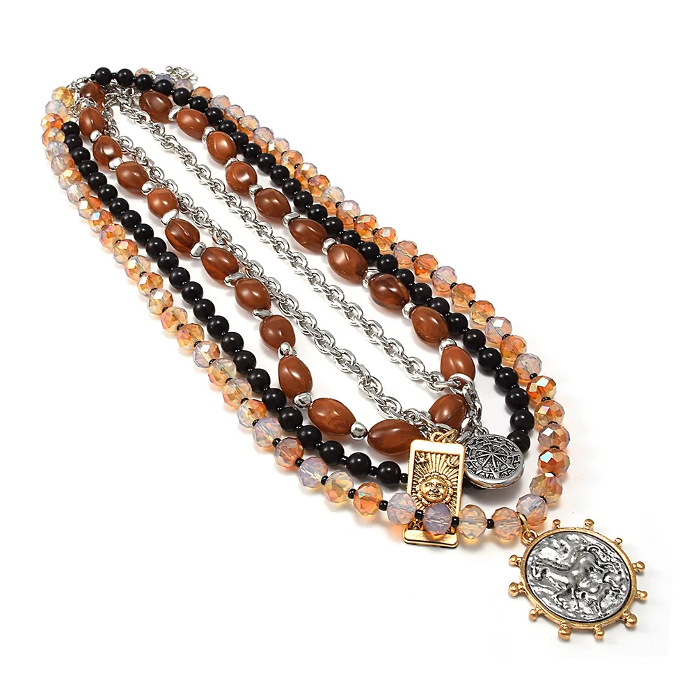 Retro multi-layer beaded necklace Tarot compass pendant Bohemian style stacked collarbone chain wholesale