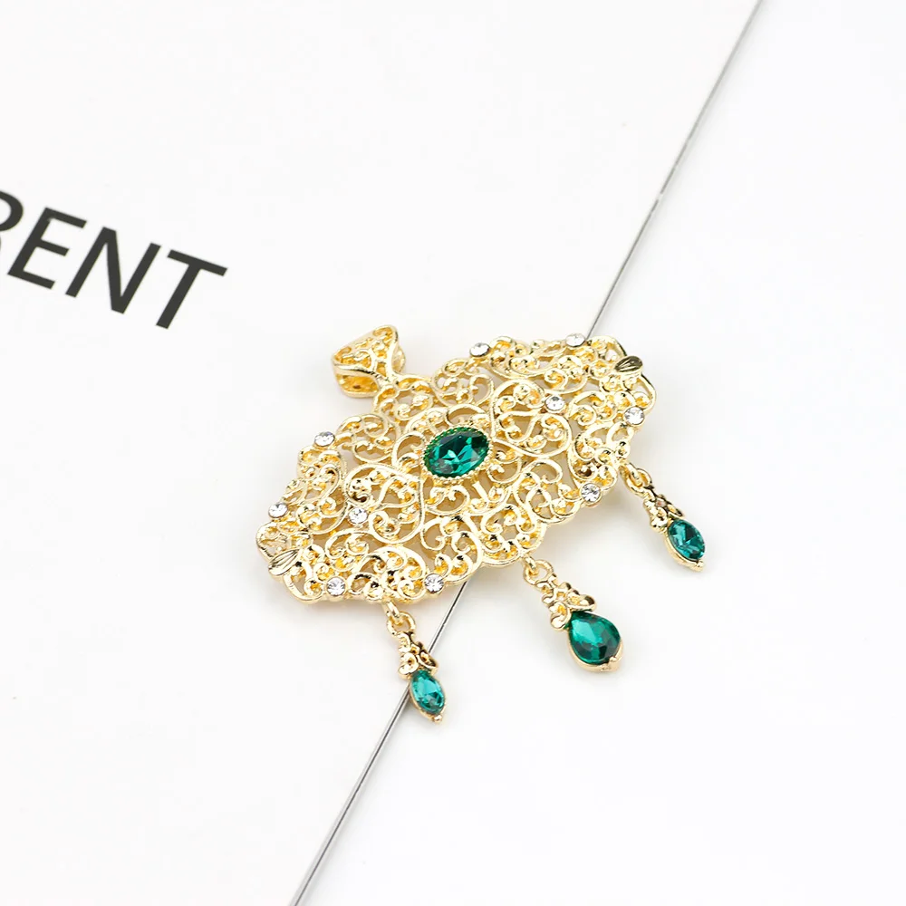 Sunspicems Gold color Morocco Brooch for Women Algeria Caftan Robe Tassels Brooch Arabesque Pins Ethnic Muslim Wedding Jewelry