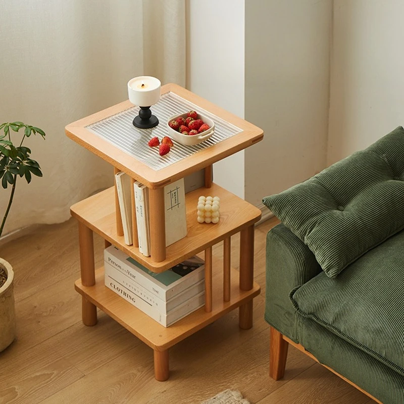 Bedside multi-layer floor edge rack all solid wood living room mini small coffee table sofa simple storage side table