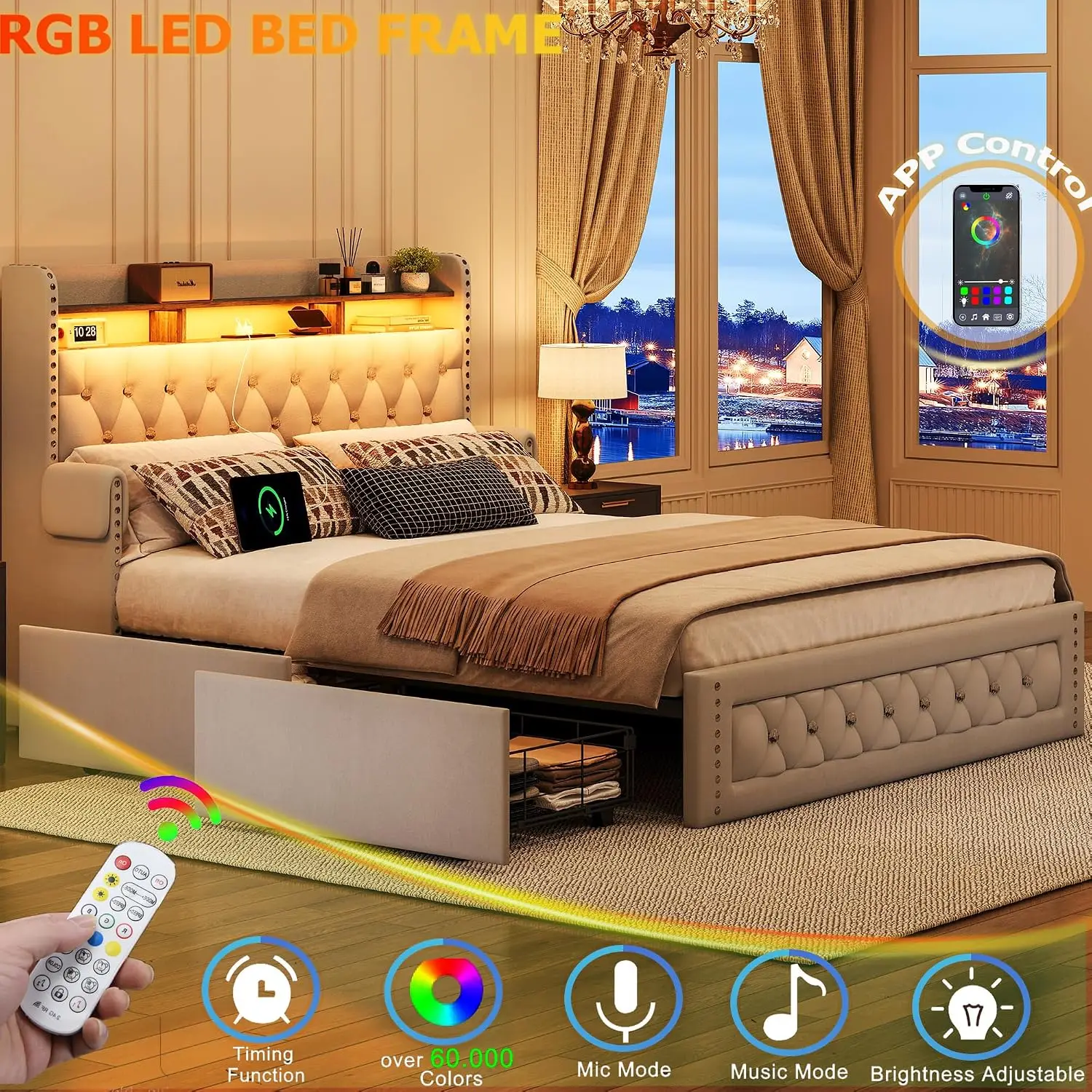 Queen Size Bed Frame with 4 Storage Drawers,Velvet Upholstered Queen Platform Bed with Charging Station and Storage, Customized - view 4
