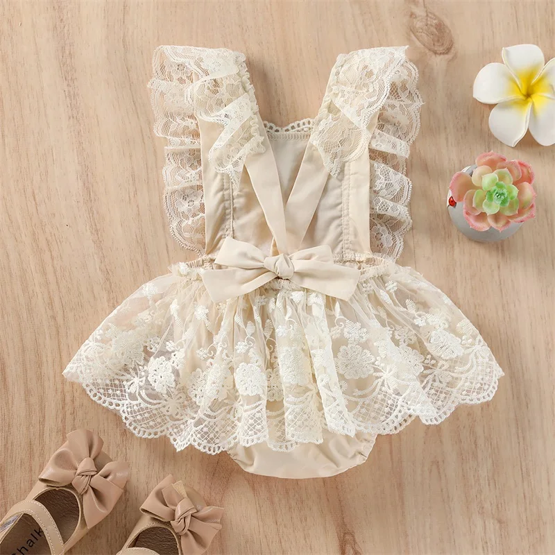 Cute Baby Girls Summer Romper Plain Floral Lace Embroidery Romper Dress Skirt Layered Straps Snap Triangle-Bottom Jumpsuit