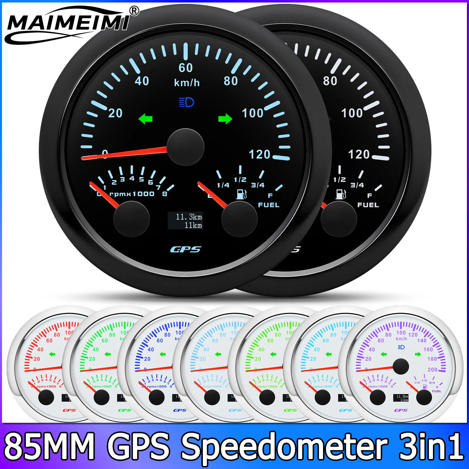

Многофункциональный GPS-спидометр 3-в-1 85 мм с указателем уровня топлива, тахометром 8KRPM и 7-цветной подсветкой для автомобиля (до 120 км/ч, 200 км/ч, 120 мили/ч)