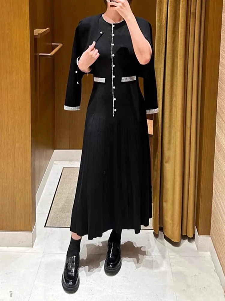 Temperament and elegant stretch Slim round neck sleeveless long women's dress pearl inlaid black knitted dresses 2024 Autumn New