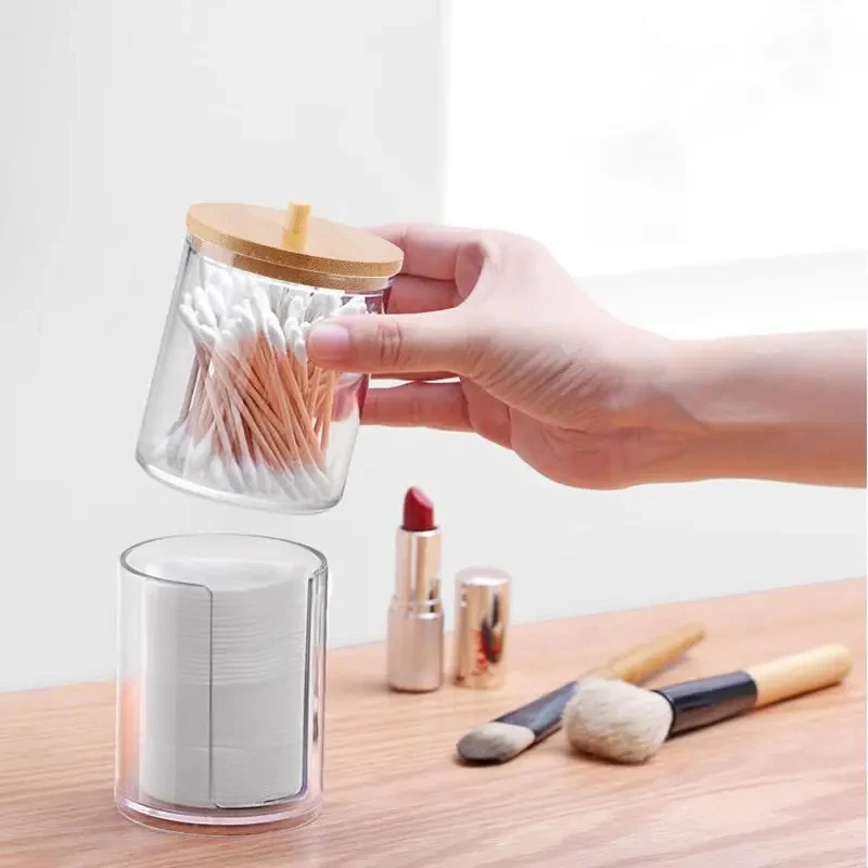 Acrylic storage box bathroom basin makeup organizer circular cotton swab holder QTip dispenser with bamboo cover