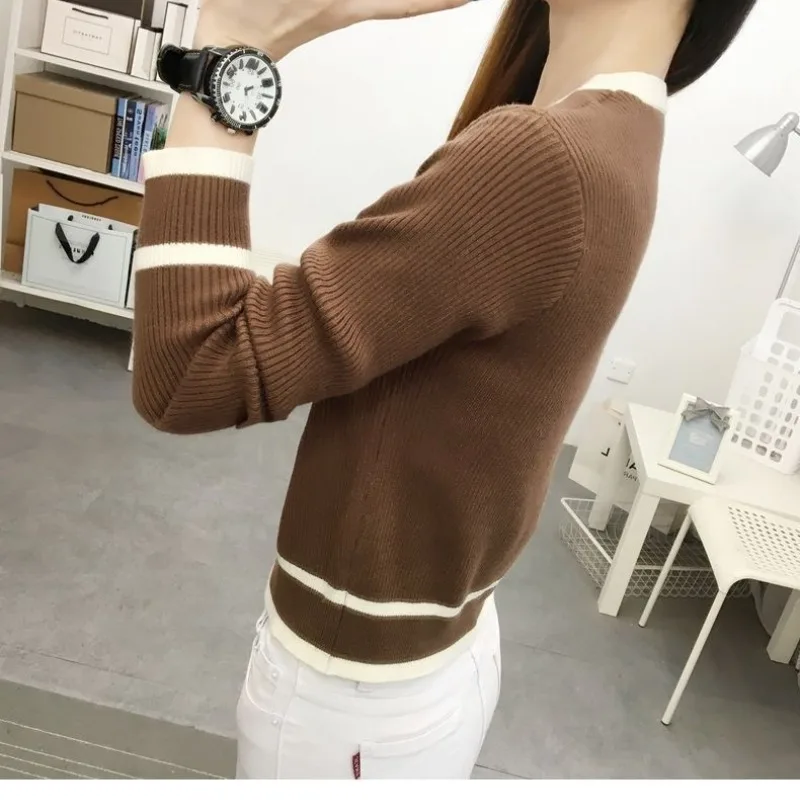 Women\'s Cardigan Striped Beading Sweater 2023 Autumn and Winter New Fashion V-neck Patchwork Long Sleeve Knit Short Bottom Tops