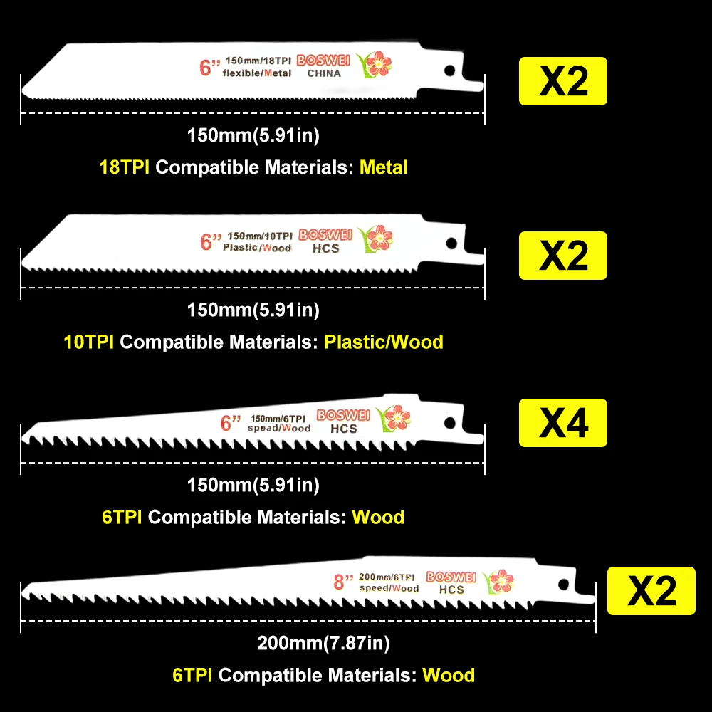 10PCS Reciprocating Saw Blades Set, Multi-size Multi-function Woodworking Cutting Tools for Wood, Metal & Plastic