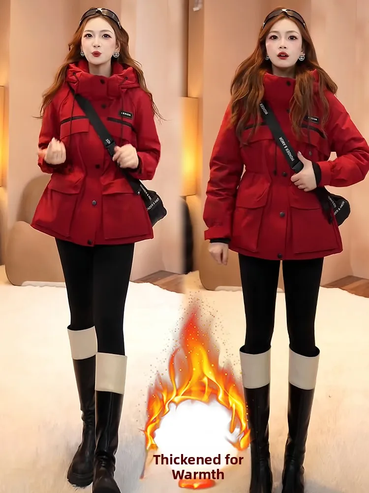 한국 슬레 티엔드 페이스 라인드 후드 다운 코튼 재킷 여성용 겨울 신상 슬레 웨이스트 따뜻한 아우터웨어