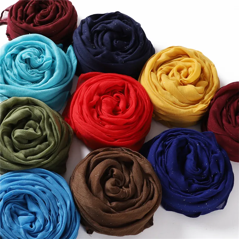 Écharpe Hijab en Viscose de Coton pour Femme, Couleur Unie, Scintillante, Pashmina, Bande de Sauna Musulmane, 180x90cm