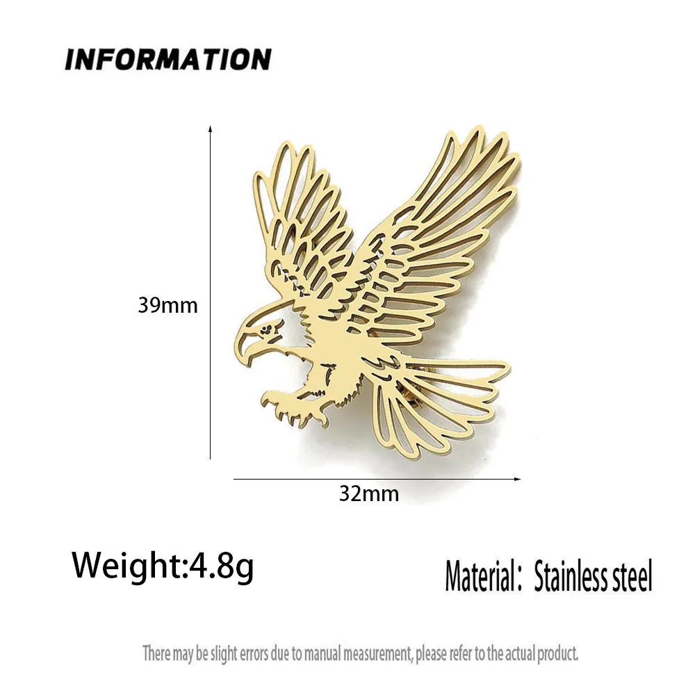 316L Stainless Steel Plated 18K Gold Flying Eagle Hollow Brooch Lapel Pin Bird Totem Suit Backpack Unisex Metal Jewelry Gift