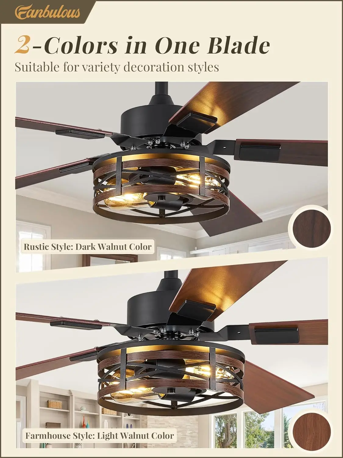 Farmhouse Ceiling Fans With Light, 48 Inch Bedroom Ceiling Fan With Lights, 6-Speed Adjustable, Quiet And Reversible Dc Motor,