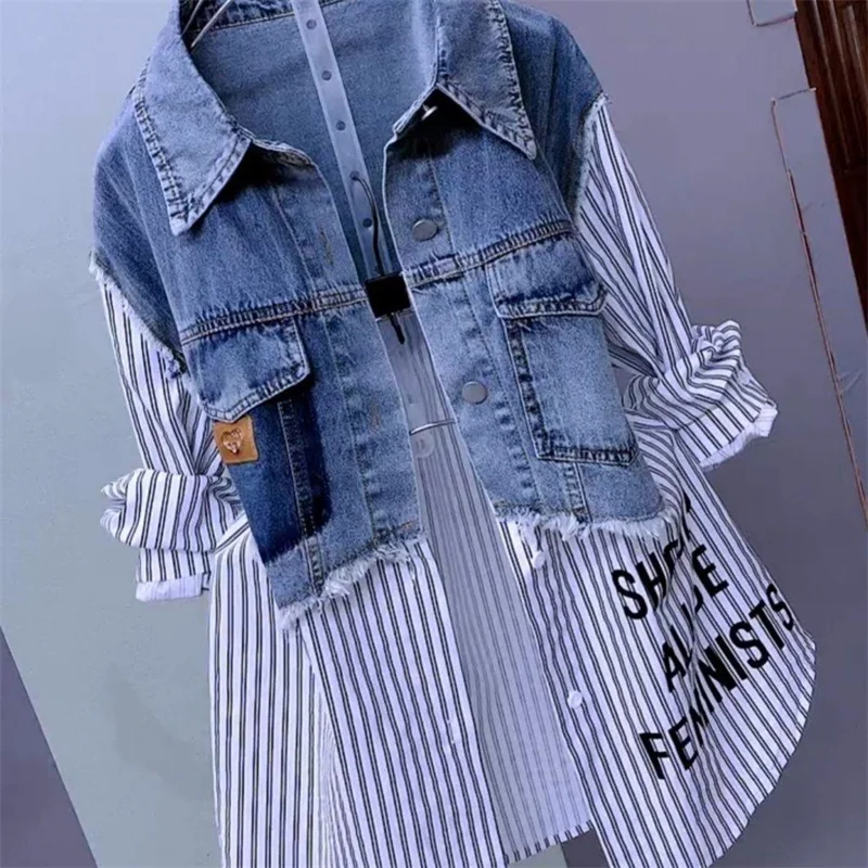 Long Short Fake Two-Piece Fashion Striped Denim Jacket Women\'s Spring/Summer Stitching Women Jackets Temperament Coat Jacket2538