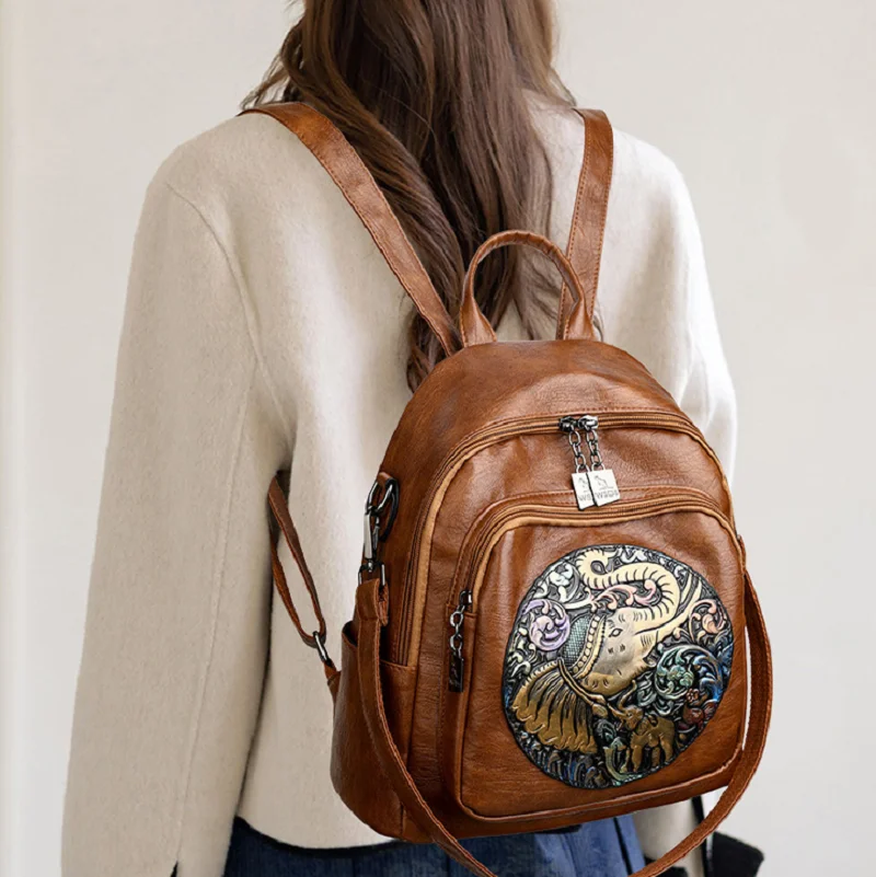 Hot Sale High Quality Soft Leather Large Capacity Travel Backpacks Women's Fashion Double Zipper Shoulder Bags School Bag