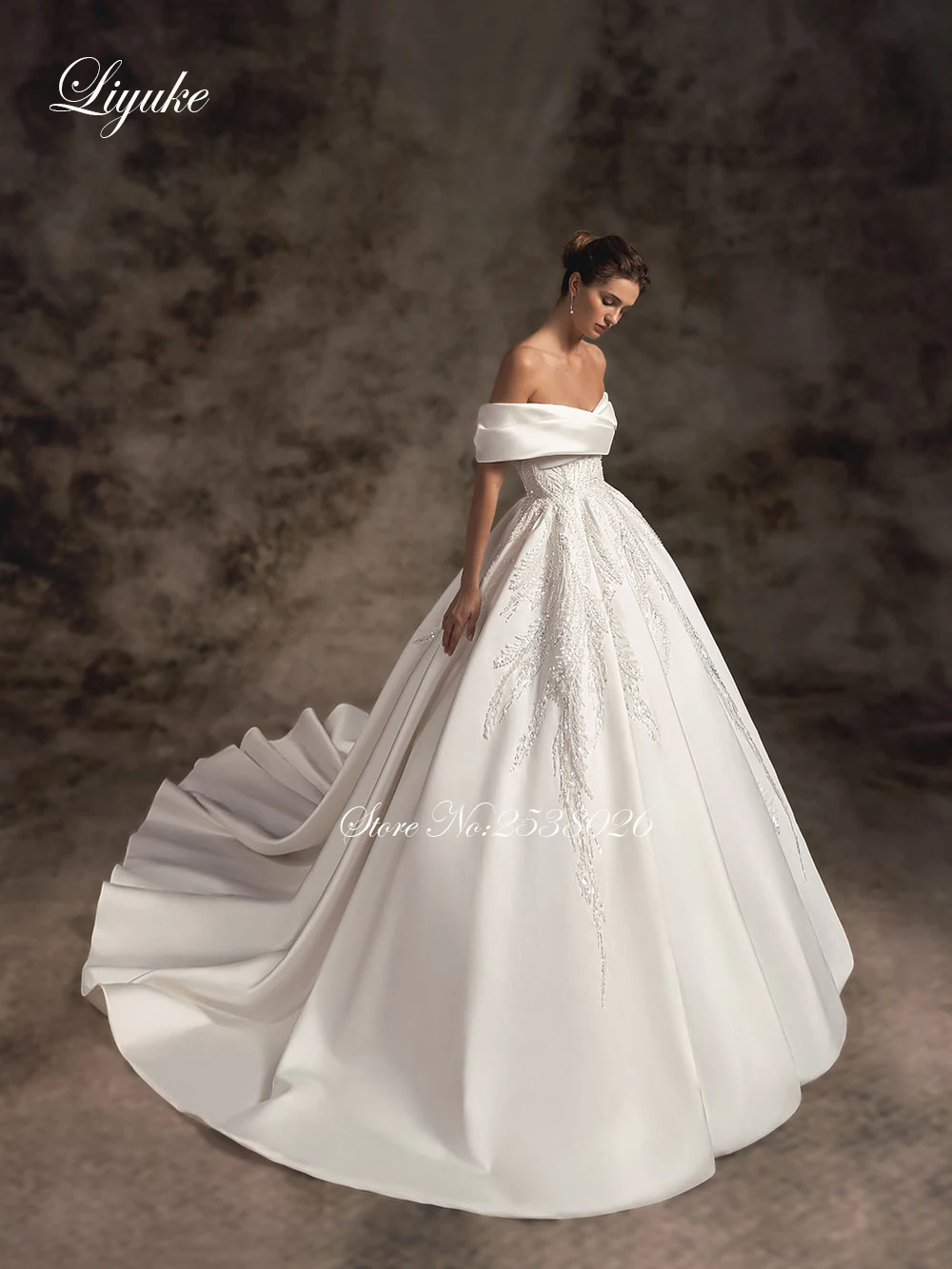 Liyuke High Quality Satin A-Line Bride Dress Beaded Pearls Embroidery Appliques Off The Shoulder Elegant Wedding Gowns