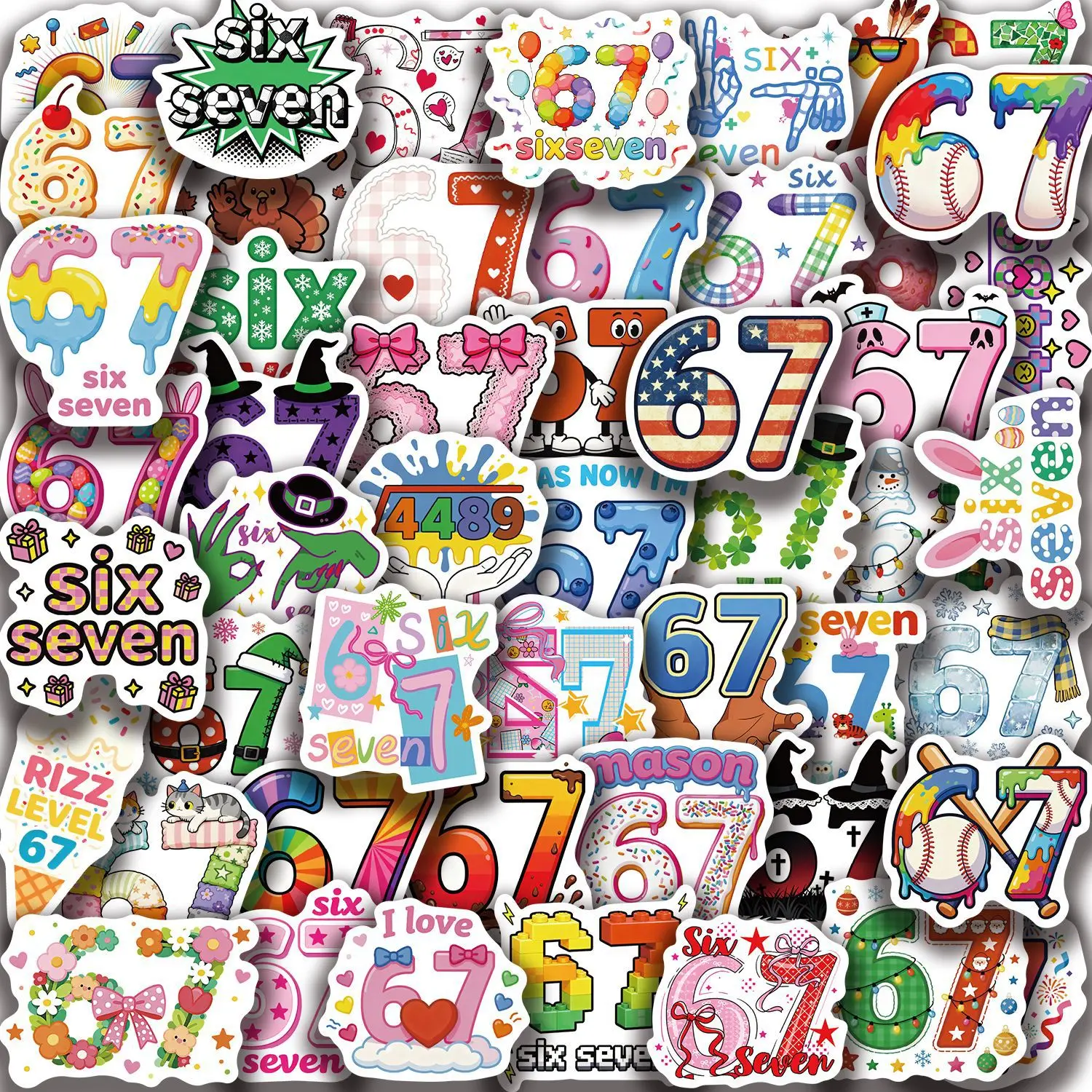 50-100 Stück SIX SEVEN Trendige Zahlen-Aufkleber, Beliebte Digitale Aufkleber, Wasserfeste Vinyl-DIY-Sticker für Journaling und Scrapbooking-Dekoration