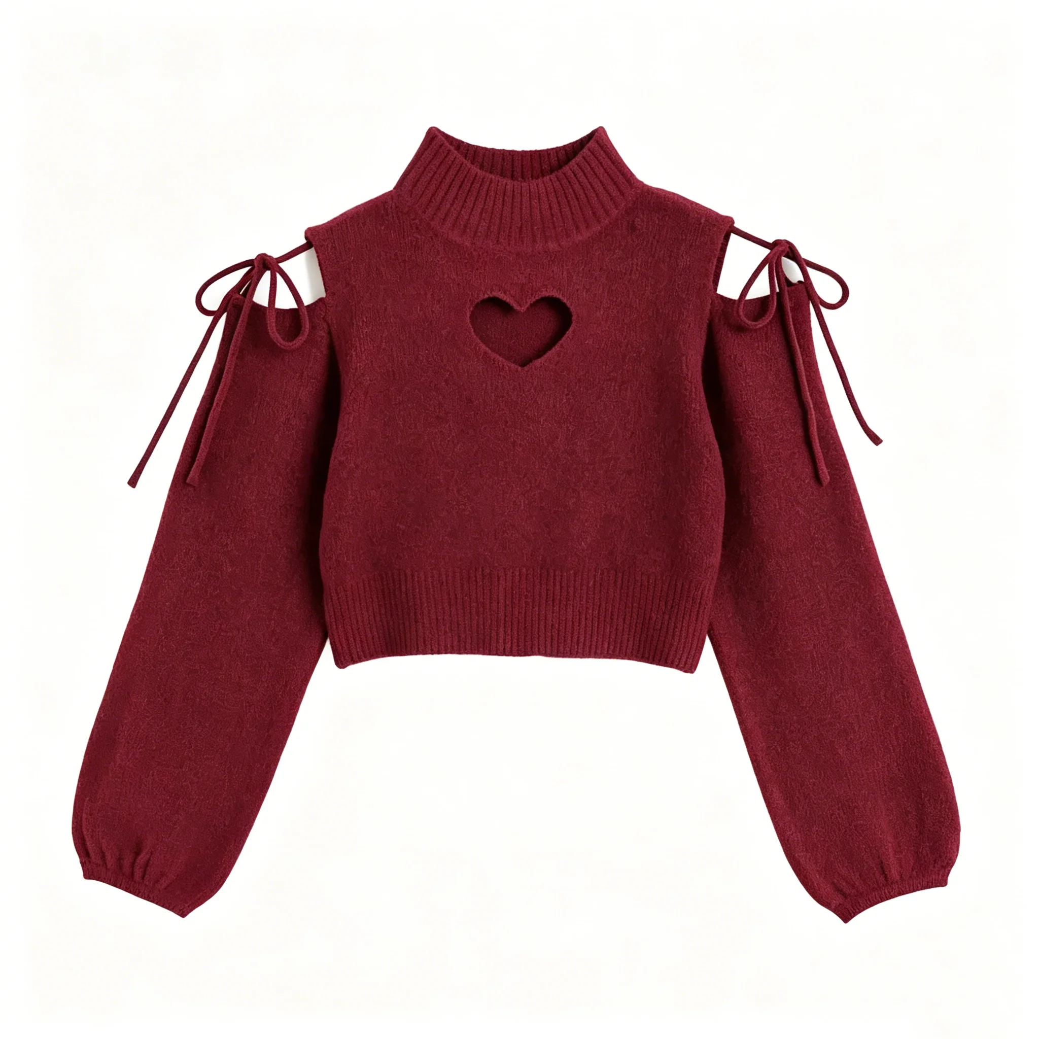 Y2K Women's Beige Fuzzy Knit Sweater 2026 New Turtleneck Cold Shoulder Heart Cutout Pullover Sweater Top Short Chic Lady Commute