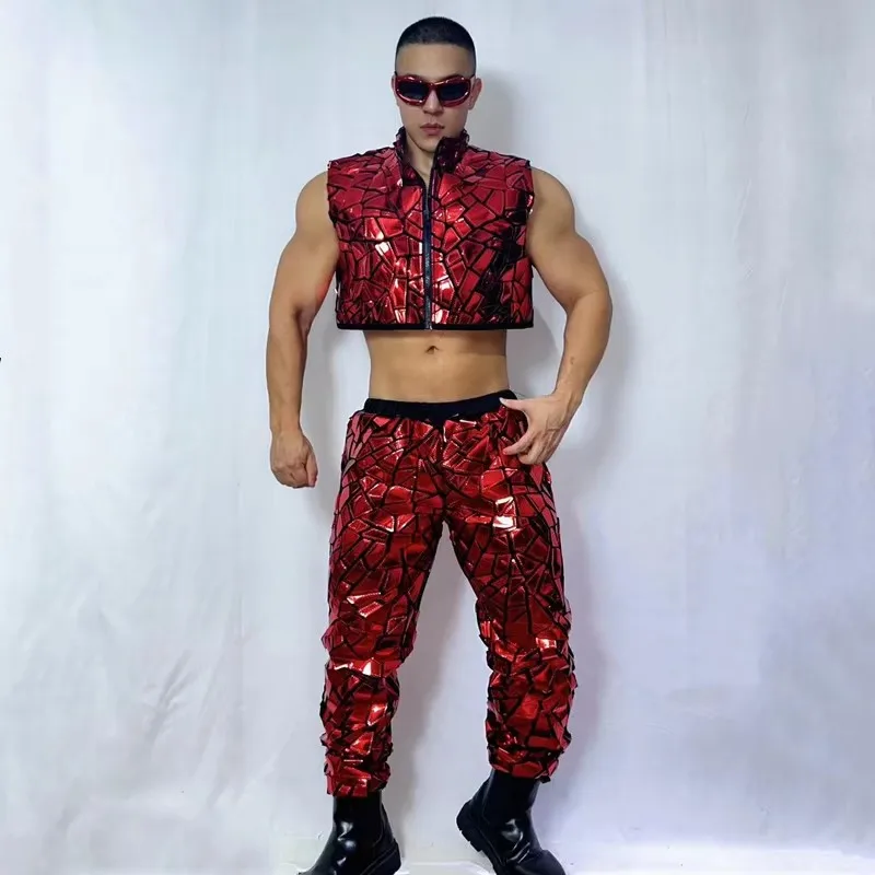 メンズシルバーレッドレーザーシークインベストパンツセット、ヒップホップジャズダンスコスチューム、歌手、ダンサー、ナイトクラブ、カーニバルパーティー、ステージ衣装