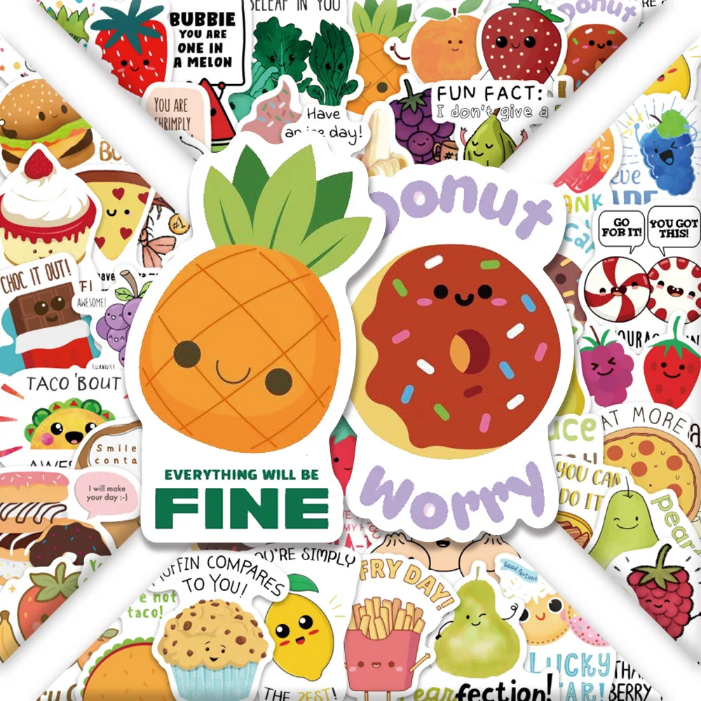 60PCS 재미있는 음식 영감 소개 영어 슬로건 DIY 장식 가방 모바일 케이스 방수 스티커 어린이 장난감