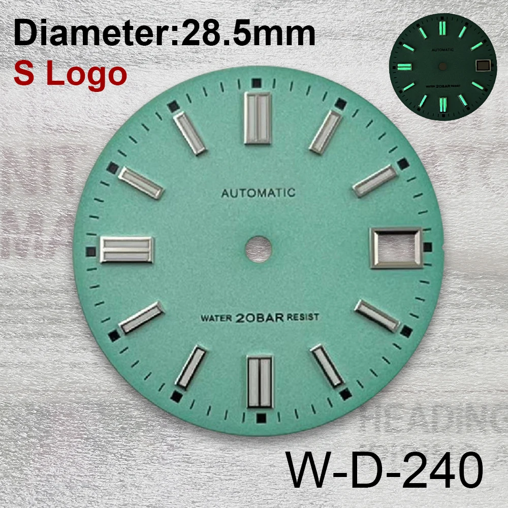 28.5mm s logotipo fosco dial caber nh35/nh36/4r/7s japão movimento verde luminoso de alta qualidade lago azul relógio modificação acessórios