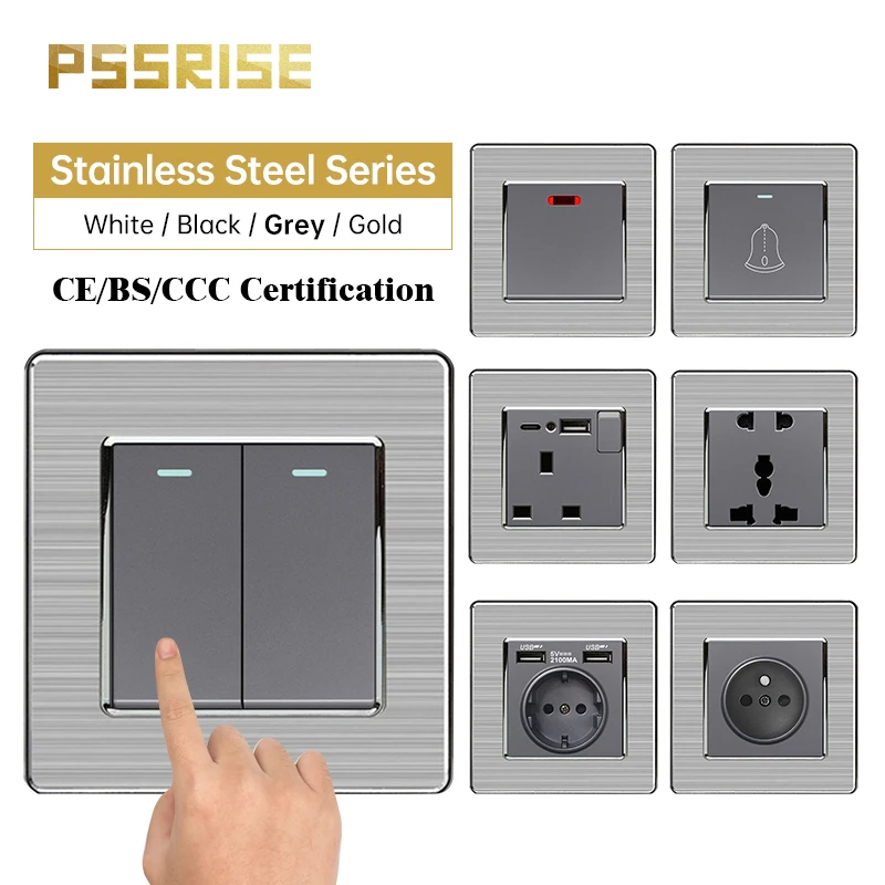 PSSRISE French EU RU UK Wall Switch Socket with DC 5V 2.1A USB Type-c Charger Stainless Steel Panel Light Switch Power Outlet