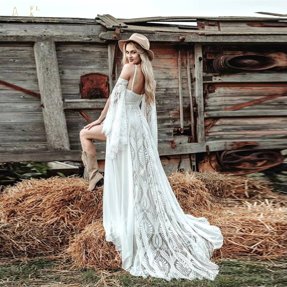 FL&AEVVE Hippie Crochet Lace Wedding Dress With Slit Backless Chic Civil Bohemian Bridal Gown Gatsby Elvish Dress Customized