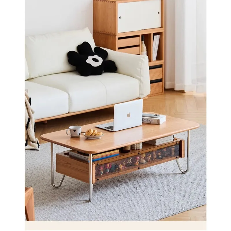 

Coffee table solid wood coffee table medieval small household living room, stainless steel cherry wood small table