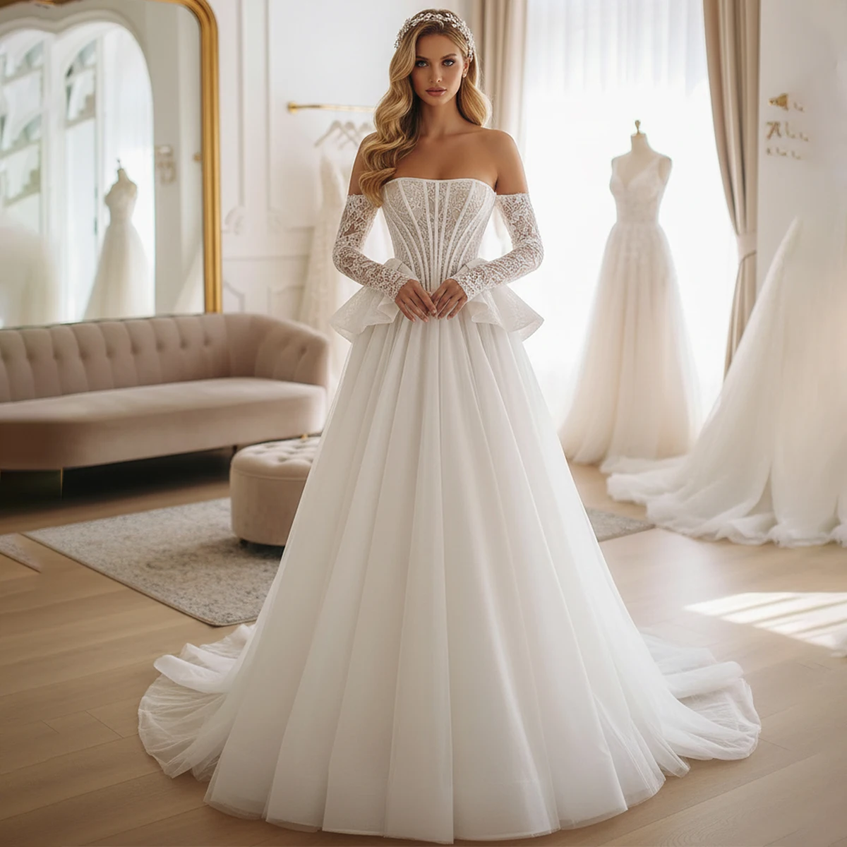 

Romantic Strapless Lace Puffy Ball Gown Wedding Dresses For Bride Vestidos Novia Long Tulle A Line Bridal Party Gown With Train