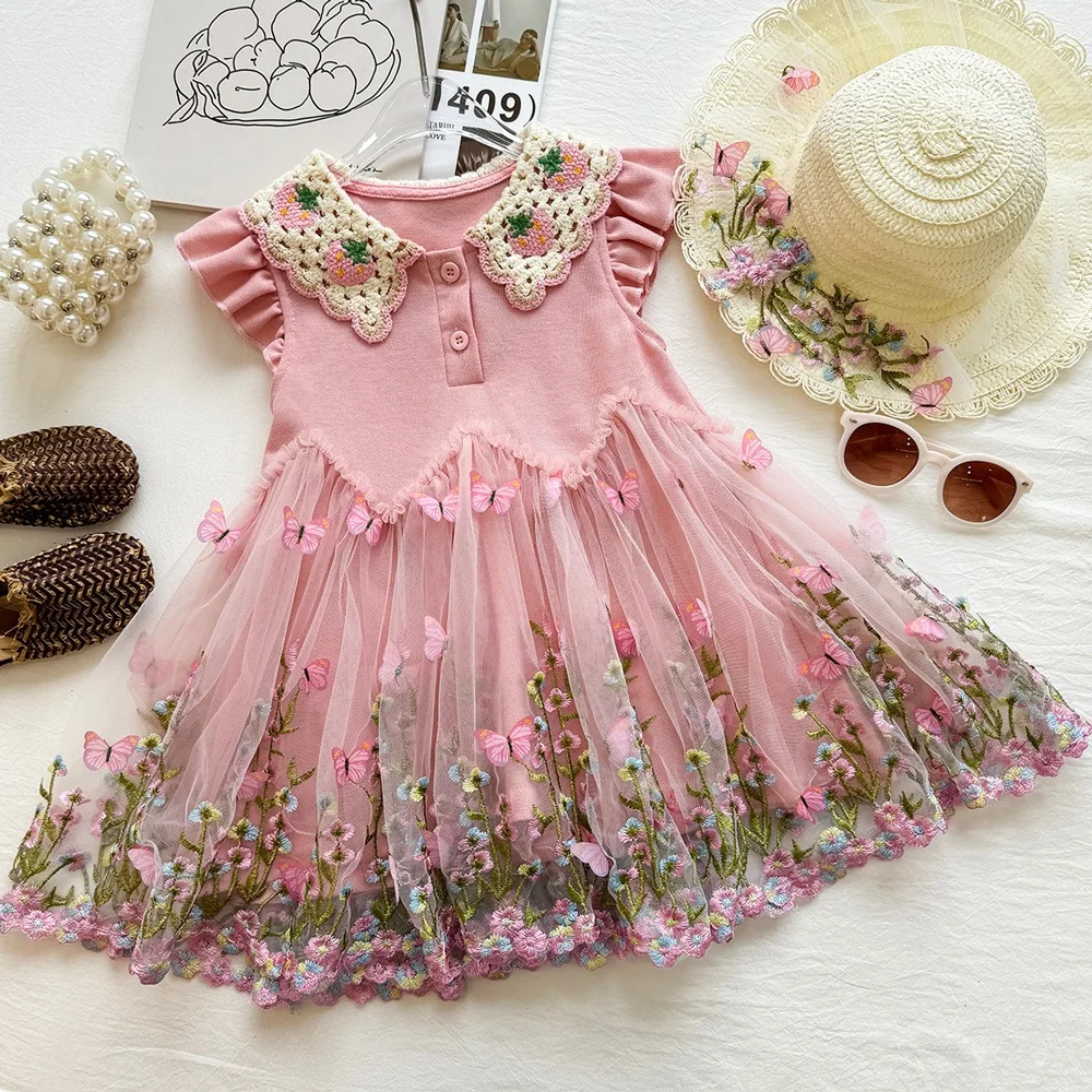 Girls' Spliced Mesh Skirt Summer Strawberry Hook Flower Collar Three-dimensional Butterfly Embroidery Princess Skirt