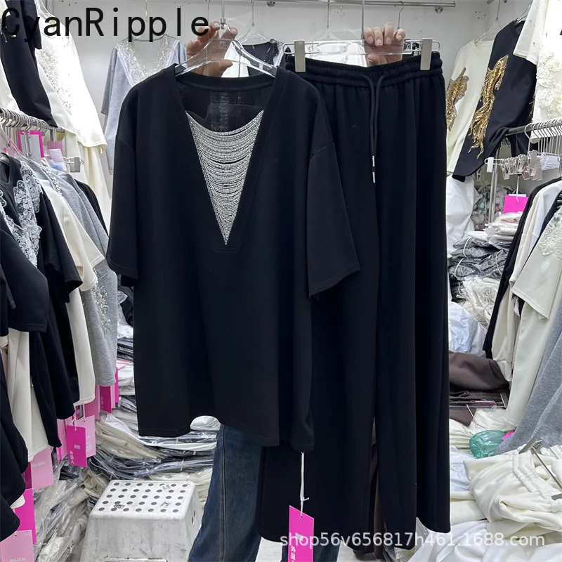 

New Spring Summer Women Two-piece Set Hollow Out Deep V-neck Short Sleeve T-shirt Top + Elastic Waist Wide Leg Straight Pants