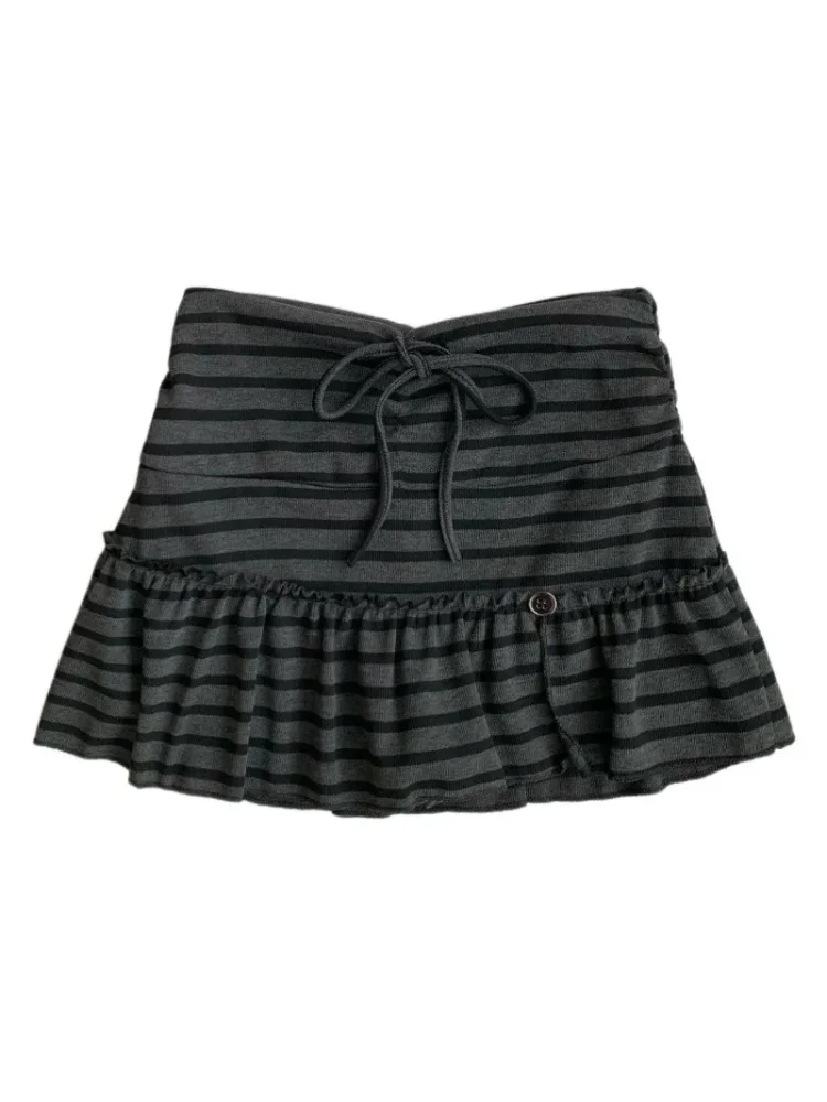 Y2k – Mini jupe rayée pour femmes, taille avec cordon de serrage, coupe cintrée, à volants, ligne a, rétro, douce et polyvalente, nouvelle collection