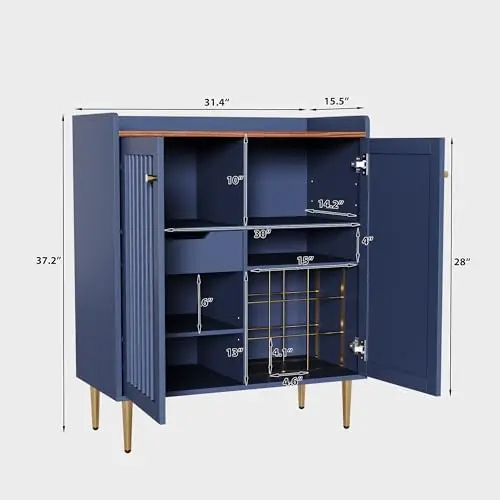 Modern 32 inch Wide Coffee Bar Cabinet with Wine Storage, Liquor Cabinet with Glass Holder & Grid Rack, Fluted