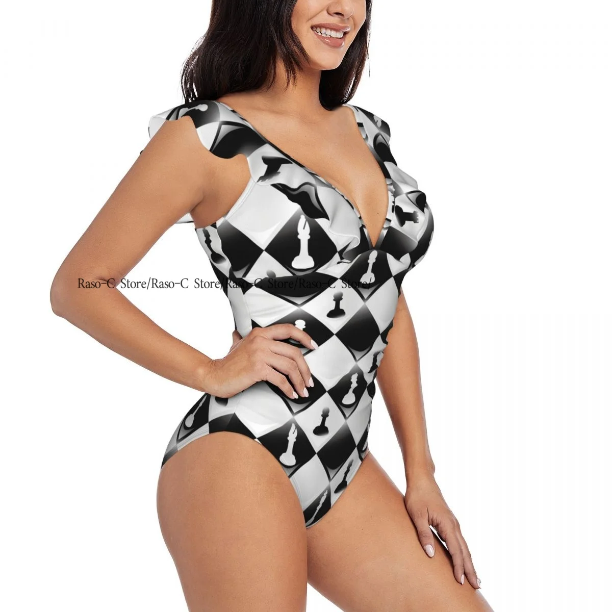 

Sexy One Piece Swimsuit Women Chessboard With Chess Pieces Ruffled Swimwear Monokini Female Bodysuit Girl Beach Bathing Suit