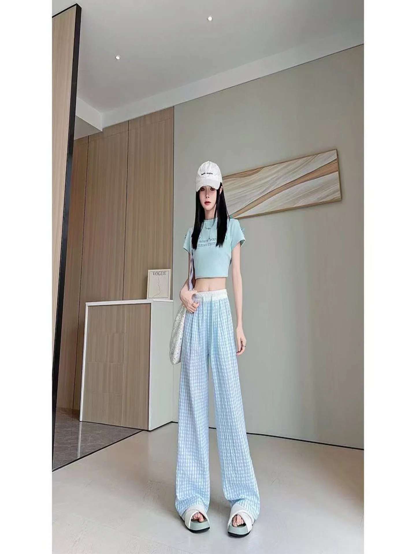 

Классические клетчатые брюки в стиле колор-блок Dopamine, свободного кроя, с высокой талией, летние, тонкие, легкие, повседневные, в корейском стиле, прямые