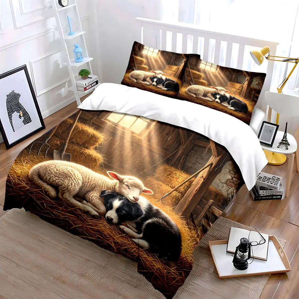 Cozy companions in a rustic barn Print Bedding Set 1 Duvet Cover 2 Pillowcases for Adult and Children Luxury Gift Full Size
