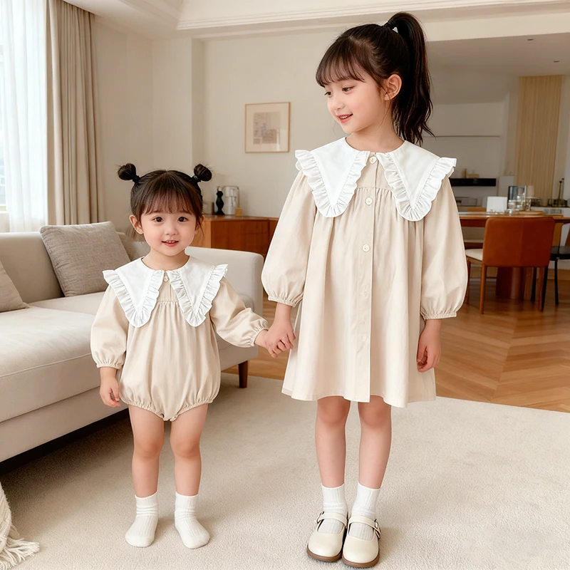 2026 neue Frühjahr Baby Mädchen Party Großen Revers Kleid 0-6Yrs Lange Ärmeln Baumwolle Kinder Prinzessin Süße Nette Kleider Kinder Kleidung
