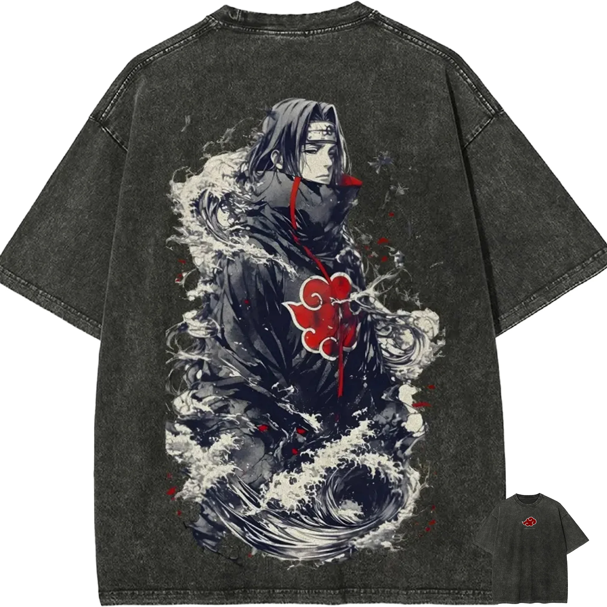 Itachi Uchiha T-Shirt Naruto Herren Acid Wash Anime Akatsuki Wolke Große Welle Grafik Baumwolle Streetwear Manga Ninja Vintage Tee