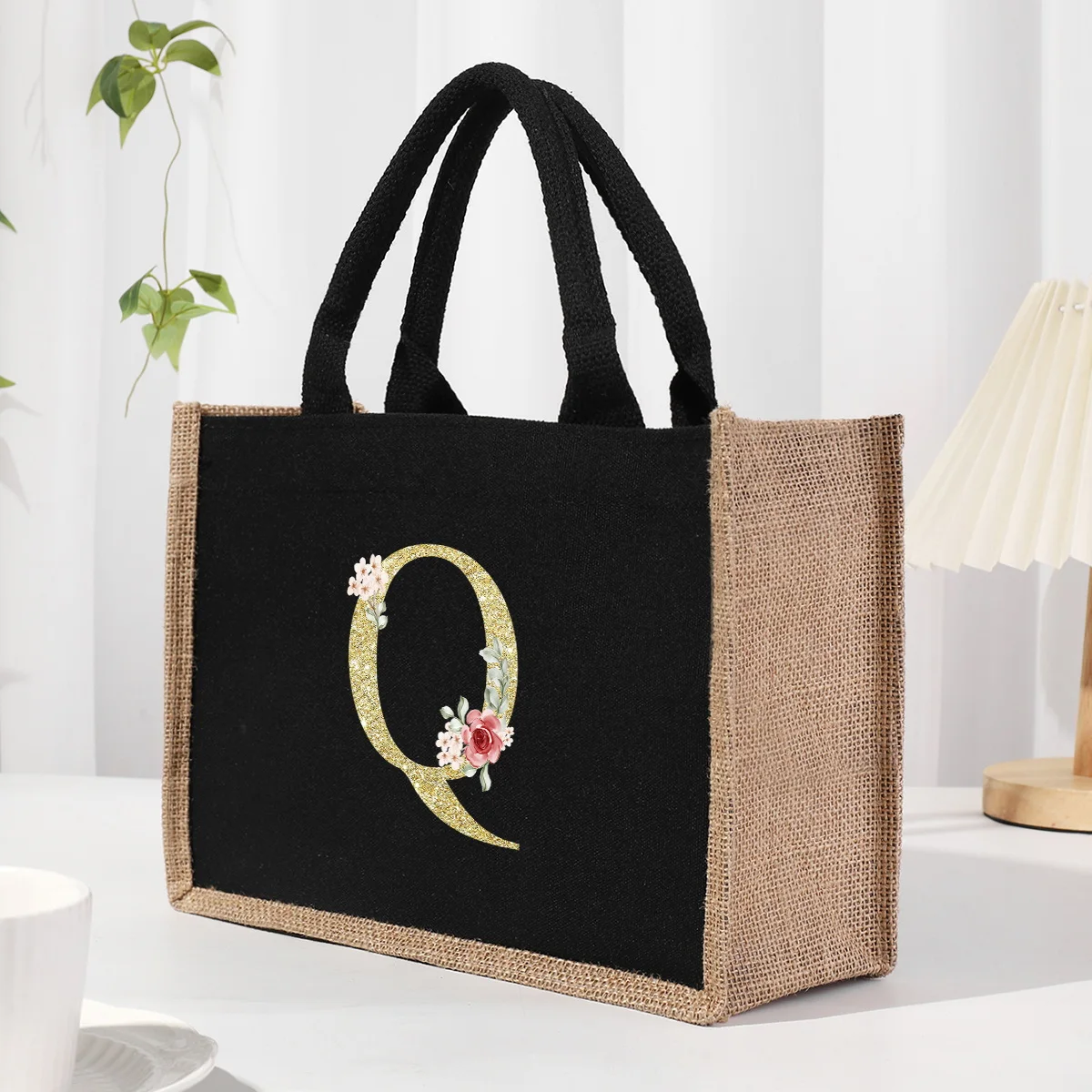 Gold Letter Black Patchwork Linen Canvas Handbag with Waterproof Interior Large Capacity Commuting Bag Organizer Bag